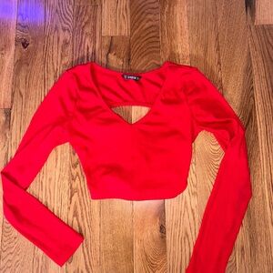 Red Long Sleeve Ties in Back Crop Top